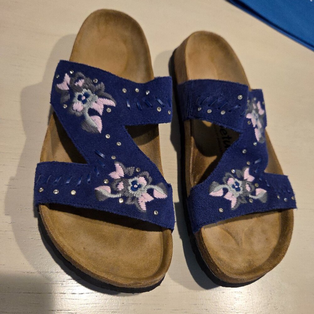 Birkenstock Betula Zara Suede Sandals Blue/Pink/Gray with Rhinestones